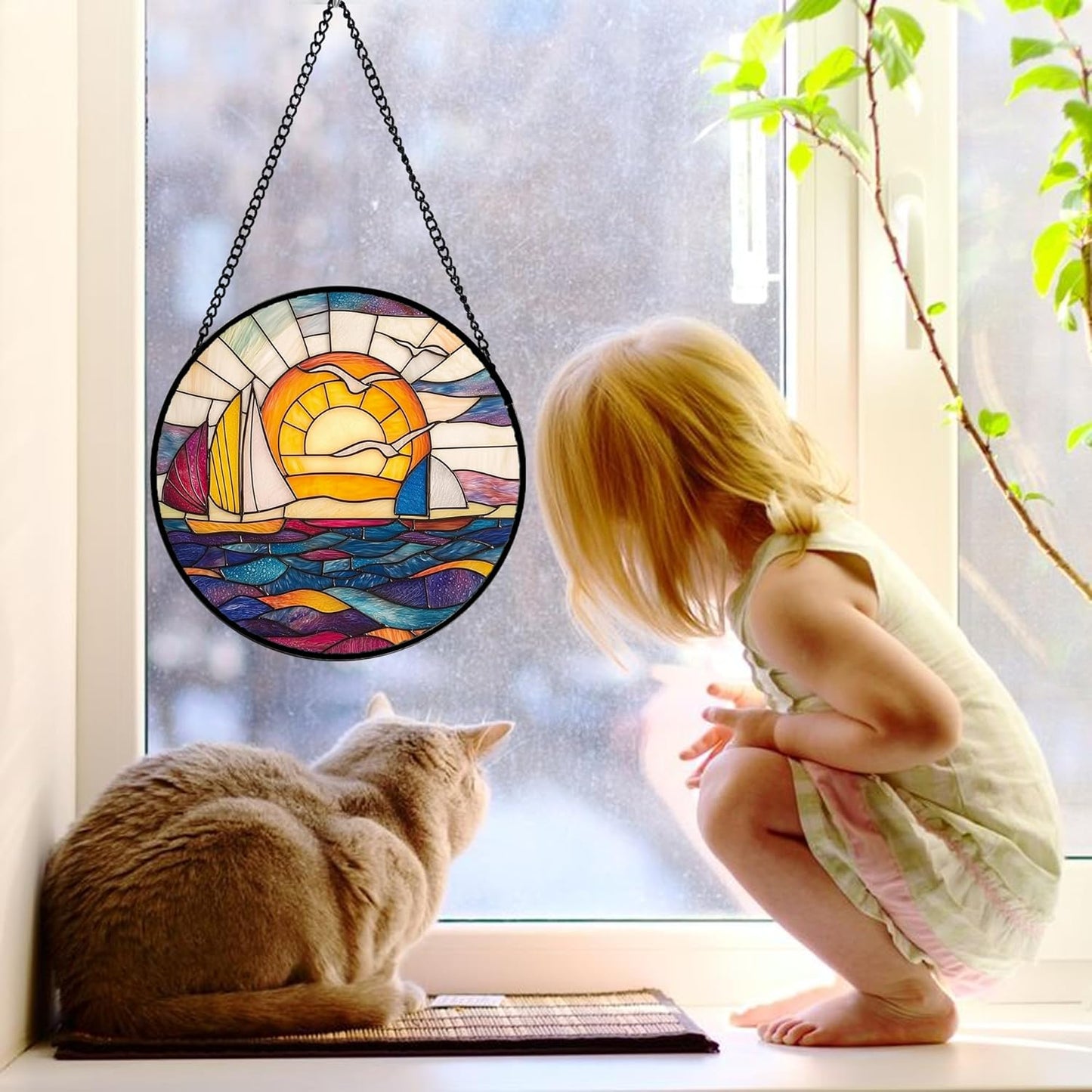 Stained Glass Window Hanging, Sailboat and Waves Suncatcher Diamond Glass Panel Hangings Sun Catchers Decor for Birthday for Women, Men, Wife, Aunt, and Mom 11.8x11.8 in