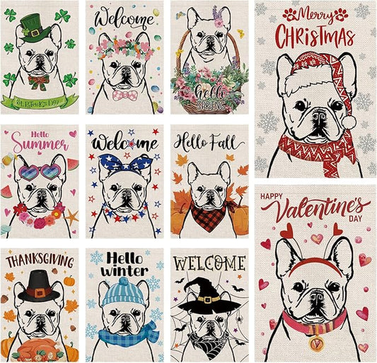 Seasonal Garden Flags French Bulldog Dog Double Sided Flags Set of 11 Holiday Farmhouse Indoor Outdoor Yard Lawn Decorations 12.5x18 Inch