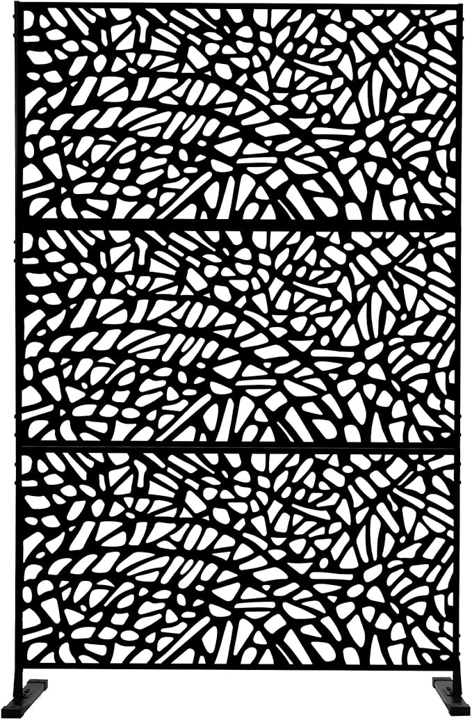 Kozyard Metal Privacy Screen 74" H x 47.2" W Decorative Outdoor Divider with Stand Panels Freestanding Screen Set for Deck Patio Balcony Garden Outdoor&Indoor(Black/Organic Fracture)