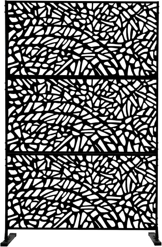 Kozyard Metal Privacy Screen 74" H x 47.2" W Decorative Outdoor Divider with Stand Panels Freestanding Screen Set for Deck Patio Balcony Garden Outdoor&Indoor(Black/Organic Fracture)