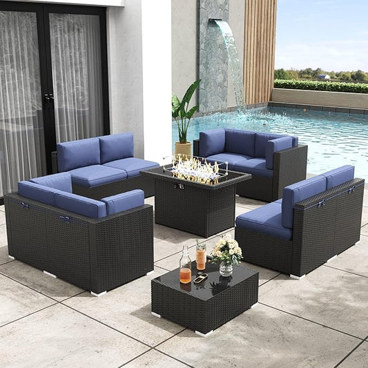 Patio Furniture Set with Fire Pit Table, 10 Pieces Outdoor All-Weather Wicker Conversation Sectional Chair Sofa Set