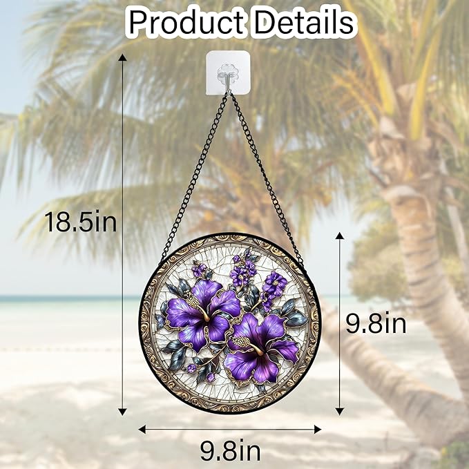 Stained Glass Window Hanging, Purple Flowers Romantic Suncatcher for Doors Home Sun Catchers Decoration and Christmas, Mother's Day Birthday Gifts for Women, Men, and Mom 9.8 in