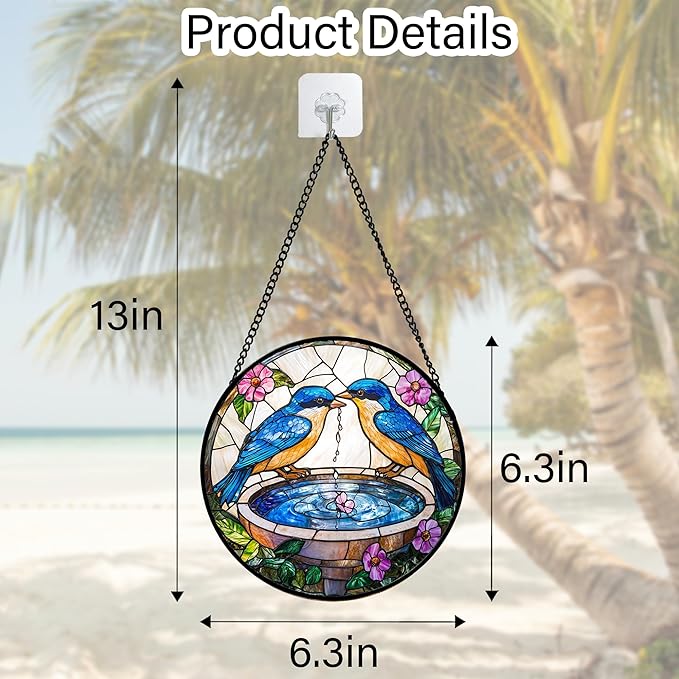 Stained Glass Window Hanging, 2 Blue Birds Suncatcher Diamond Glass Panel Hangings Bird Lover Sun Catchers Decor for Birthday for Women, Men, Wife, Aunt, and Mom 6.3 in