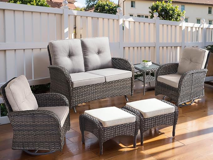 HUMMUH Patio Furniture 6-Piece PE Wicker Outdoor Conversation Set,All-Weather Rattan Swivel Chairs with Ottomans Glider Loveseat for Backyard,Poolside,Deck