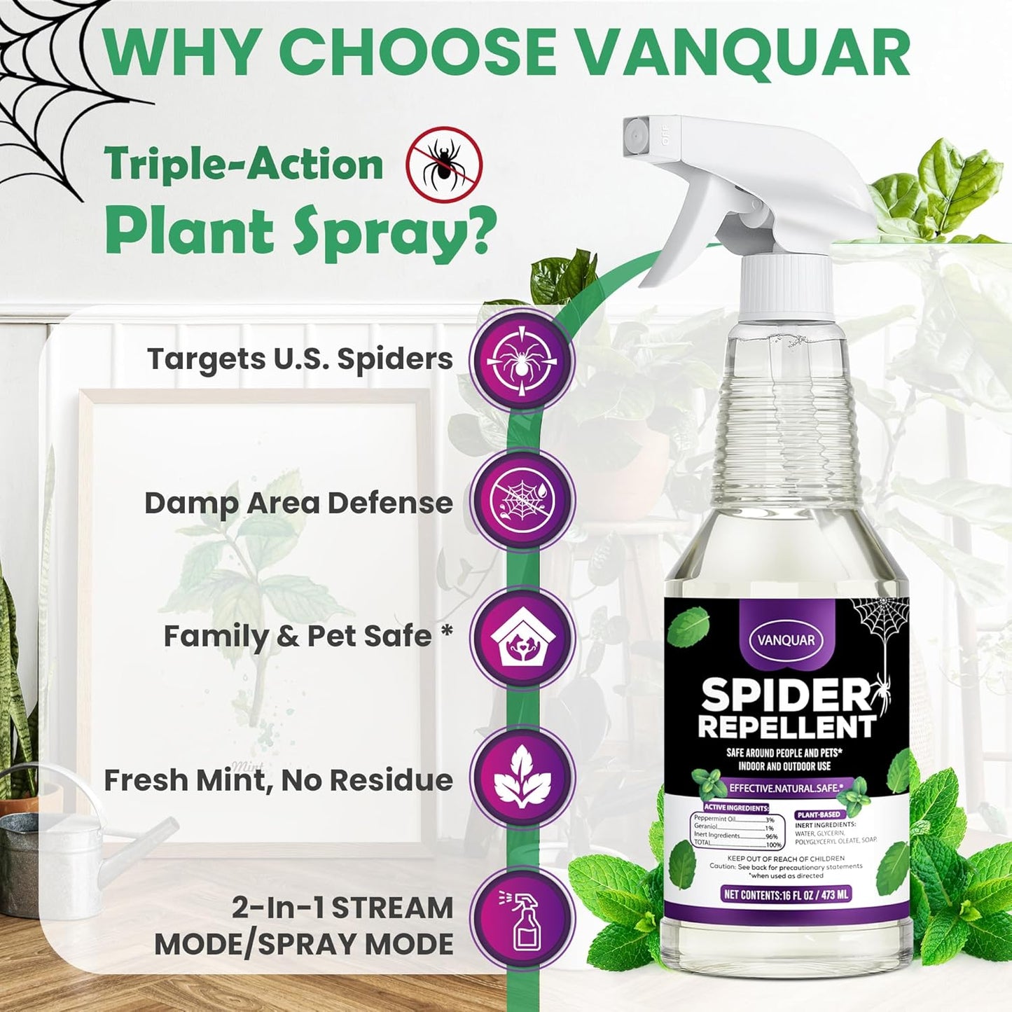 16 oz Peppermint Oil Spider Repellent Spray - Natural Insect Deterrent for Home & Garden