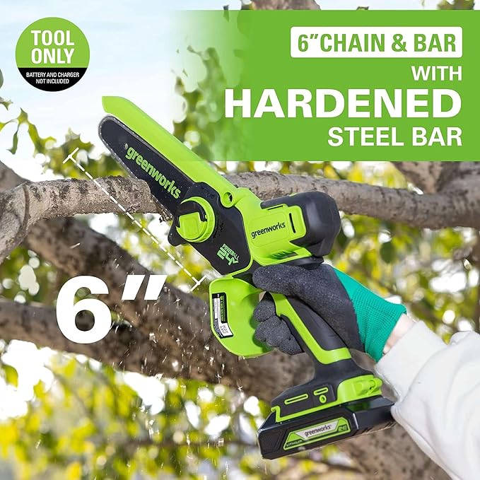 Greenworks 24V 6” Mini Chainsaw Cordless, Handheld Electric Power Chain Saw Tool Only, for Tree Trimming Wood Cutting, Best Gifts for Father, Dad, Husband, Men
