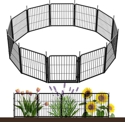 Decorative Garden Fence with Gate 24 in(H) x 22.2 ft(L) 12 Panels, Heavy Duty Metal Animal Barrier Fence for Yard, Flower Bed Fencing, Garden Border Fence, Easy Set Up, Black