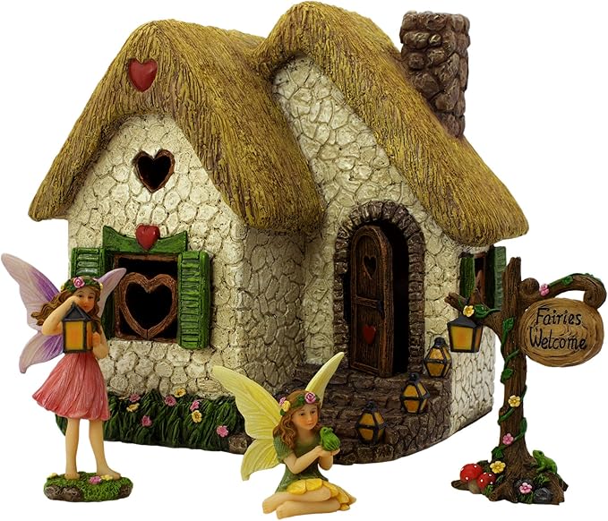 Fairy Garden House Kit – Complete with Accessories, House 7” High with Door That Opens & Fairies for Outdoor Gardens – 4 Pieces
