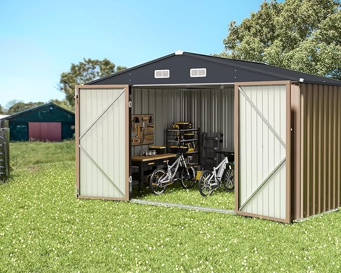 Greesum 10x8FT Outdoor Storage Shed, Utility Tool Shed with Sloping Roof, Metal Storaged Garden Shed with Door & Lock for Patio Storage, Brown