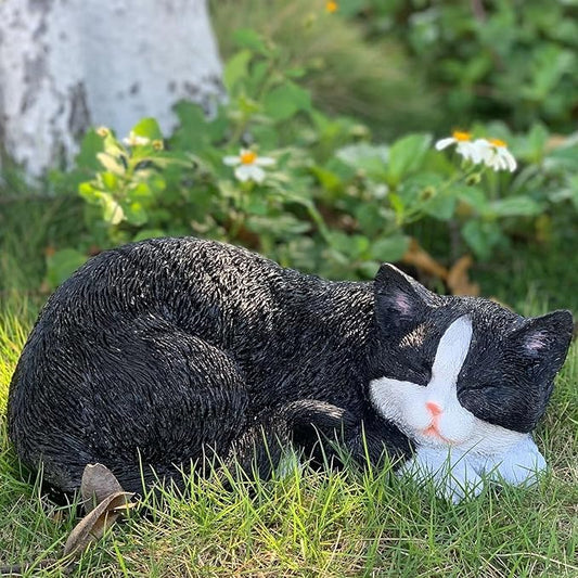 Cat Statue Outdoor Cat Figurines Garden Decor, Black Cat Statue Figurine Decor Sculpture for Patio, Yard, Sleeping Cat Statues for Indoor Table Accessory, Gift for Mom