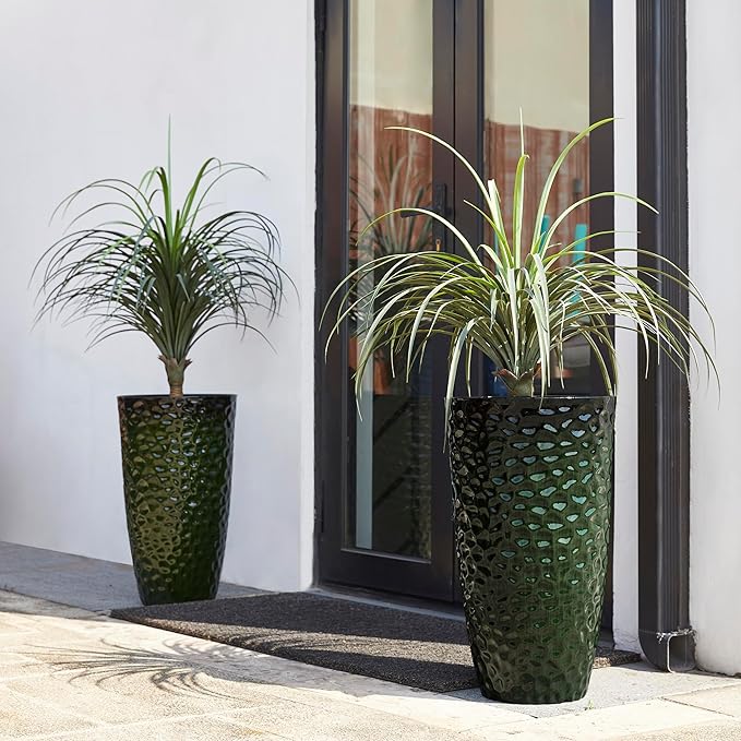Glitzhome Set of 2 Tall Plastic Planters 23.75"H Eco-Friendly Honeycomb Textured Outdoor Indoor Garden Pots for Porch Patio, Large Modern Deck Plant Container with Easy Knock-out Drainage Holes, Green