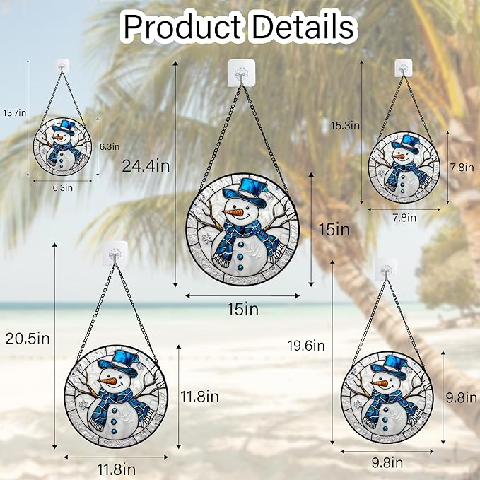 Stained Glass Window Hanging Christmas Snowman Blue White 9.8" - Suncatcher Door Garden Sun Catcher Home Decor Birthday Mother's Day Xmas Gift for Mom Men Woman Her Nana Parents Girl