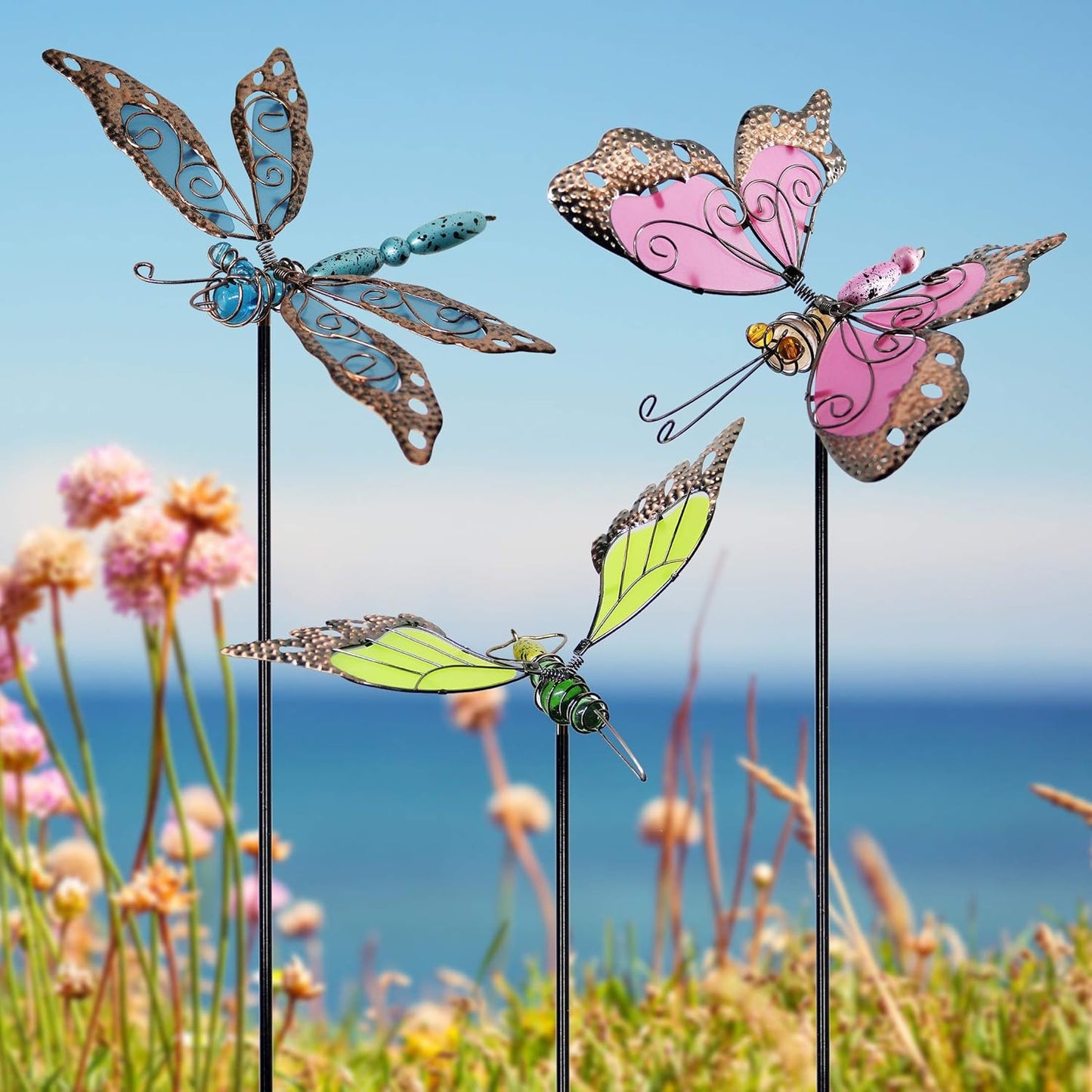 Juegoal 34 Inch Butterfly Garden Stakes Decor, Dragonfly Hummingbird Stakes, Glow in Dark Metal Yard Art for Mom, Mothers Day Ideal Gifts, Indoor Outdoor Lawn Pathway Patio Ornaments, Set of 3