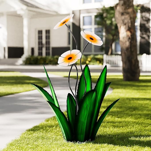 Upgraded Large Metal Yard Art, Metal Agave Plant Yard Decorations Outdoor Sculpture, Metal Flowers for Outside, Waterproof Outdoor Garden Decor (Green + White Flower)