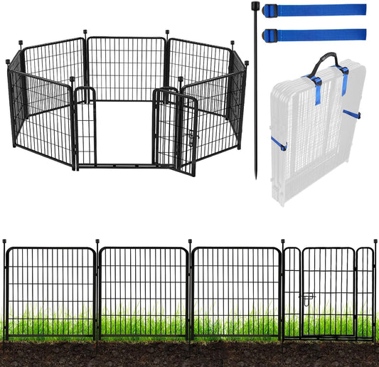 ADAVIN Tall Garden Fence with Gate, 40 in(H) 8 Panels Animal Barrier Fence, Heavy Duty Iron Metal Fence and Border, Indoor or Outdoor Dog Playpen, Flower Bed Fencing, Total 17.7 FT(L),Black