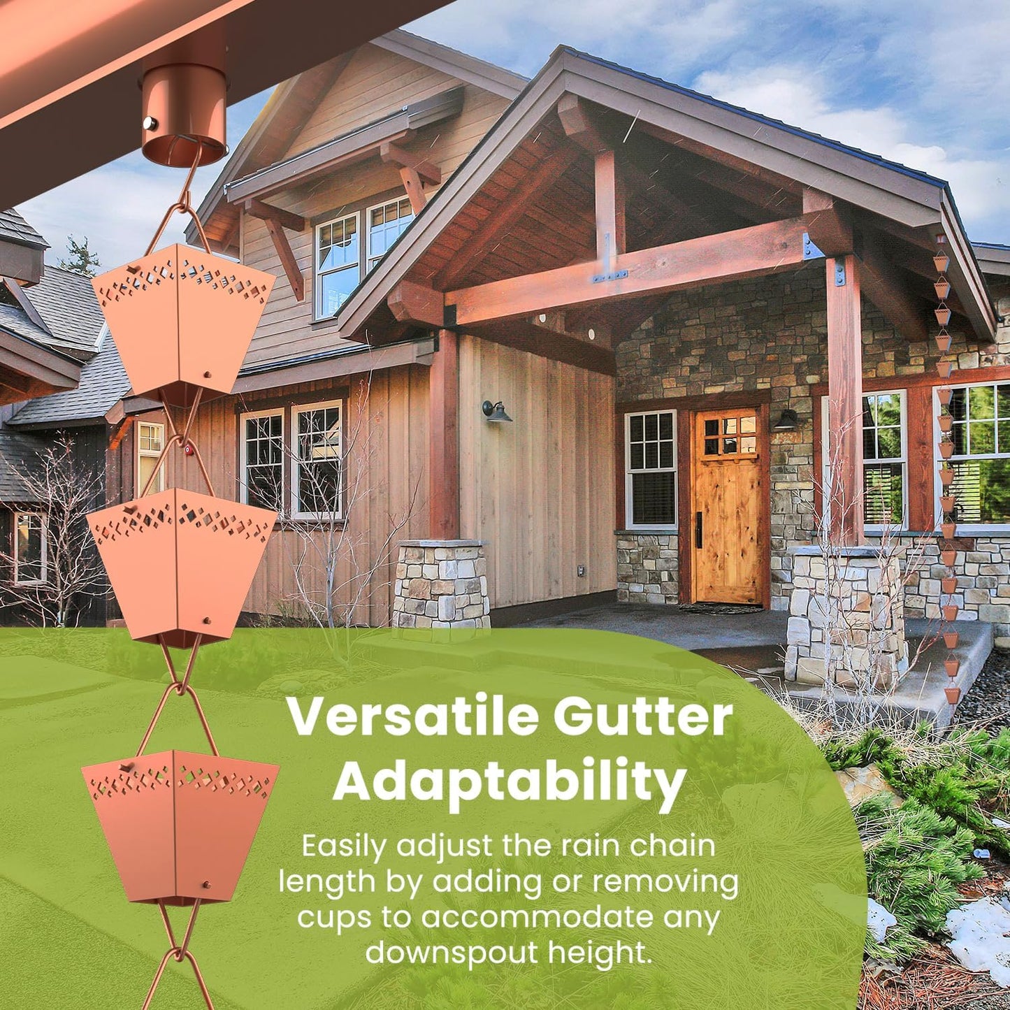 Rain Chain Kit w/Adapter & Extension | Copper Rain Chains for Gutters 10 ft | Rain Chain | Gutter Chain Downspout | Rain Chains for Outside | Rain Catcher | Rain Chimes