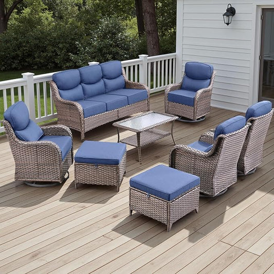Rilyson Wicker Outdoor Patio Furniture Set - 8 Piece Patio Conversation Sets with Swivel Rocker Chairs, Ottomans, Sofa and Table, 6 inch Cushions, Deep Seating, for Porch Deck Brown/Blue