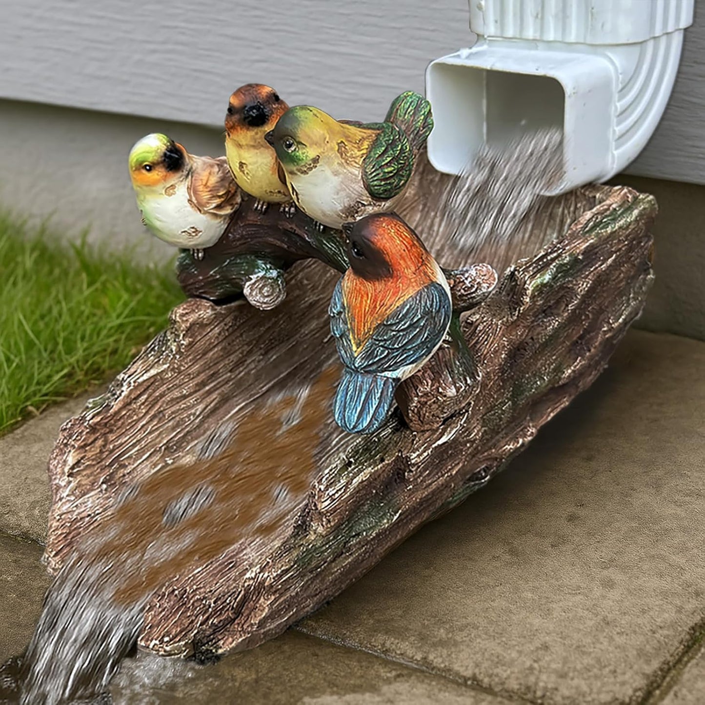 Bird Splash Block - Decorative Resin Gutter Downspout Diverter, 11” x 6.1” x 6.9”, Durable Water Flow Protector for Yard, Garden & Patio, Functional Outdoor Four Birds Statue for Rainwater Drainage