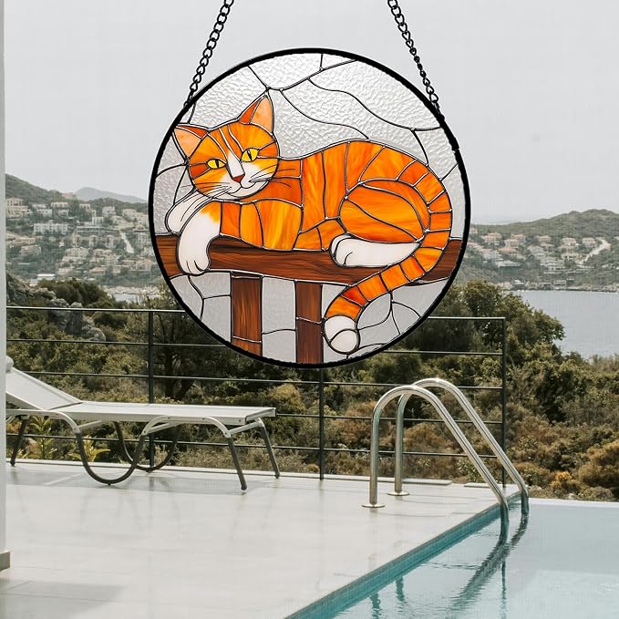Stained Glass Window Hanging 4 Pcs Set Cute Cat 6.3" - Suncatcher Door Garden Sun Catcher Decor Birthday Mother's Day Christmas Comfort Gifts for Lost Pet Woman Nana Mom Men Friend