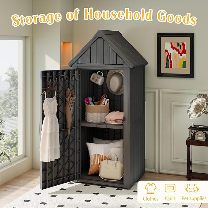 Storage Shed Outdoor,Waterproof Resin Garden Tool Shed, Heavy-Duty Weather-Resistant Cabinet for Patio, Backyard, or Garage (Deep Black)