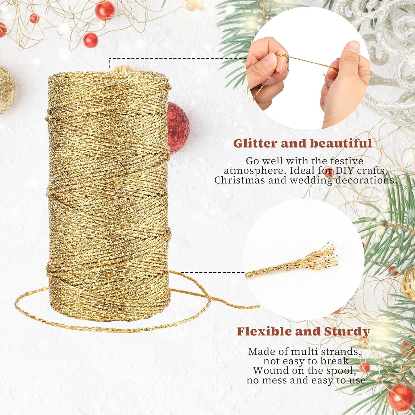 KINGLAKE Gold Twine String,Christmas Metallic Gold Twine String Bakers Twine for Gift Wrapping and Crafts,328 Feet 1.5mm Gold Glitter String Thread