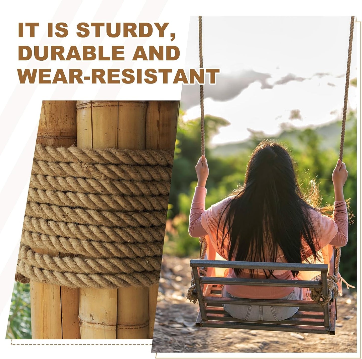 MECCANIXITY Jute Rope 1 Inch x 49ft, Thick Twine Rope Ropes Braided Jute Twine Natural Brown Burlap Cord String Heavy Twisted with Tapes for Decorative Crafts Railing Swing Tug of War