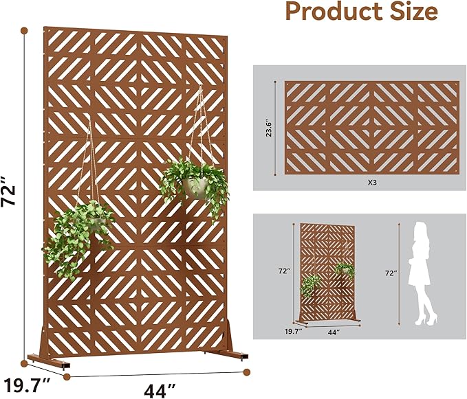 Metal Privacy Screen for Outdoor Freestanding Privacy Screens, 72" H x 44" W Brown Metal Fence Panels with Stand, Patio Divider Screens for Outside Deck Balcony Garden and Indoor