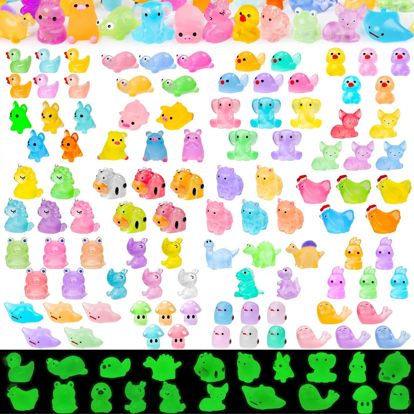 120PCS Glow in The Dark Mini Resin Animals 20 Styles of Luminous Ducks dinosaurswls Frogs and More Tiny Figurines for Fairy Garden Aquarium Terrarium Potted Plants Dollhouse Decor