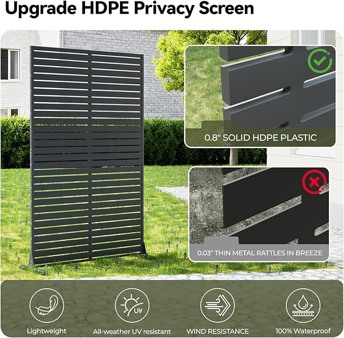 Privacy Screen Outdoor Freestanding Fence Panel, 72" H×47" W HDPE Decorative Screen Panel with Stand & 6 Panel, Air Conditioner Fence, Privacy Panels for Patio, Balcony, Garden, Backyard