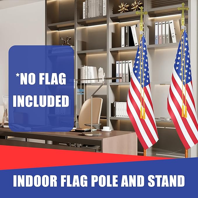Super Tough Indoor Flag Pole kit 7ft - Plastic Cross - Gold Texture Base - Aluminum Flagpole with Brass Finish - Heavy Duty Inside House Flagstaff - Interior Shaft and Stand - No Ensign Included