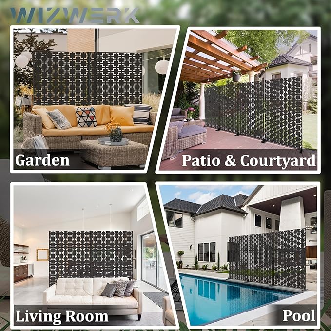 6FT Outdoor Metal Privacy Screen – Decorative Privacy Fence and Room/Garden Divider, Weather-Resistant Freestanding Panel with Stand, Durable Steel for Patio, Garden, Balcony, or Backyard