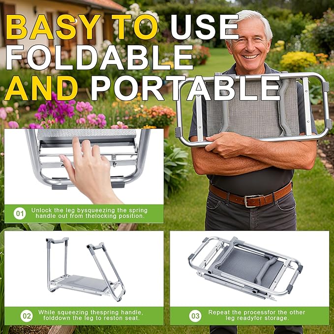 Garden Kneeler and Seat, Wider Thicker Kneeling Pad, Heavy Duty Garden Stool Includes Gardening Tools Pouch and Bag, Convertible Garden Bench Kneeling Chair/Gifts for Parents Women Seniors