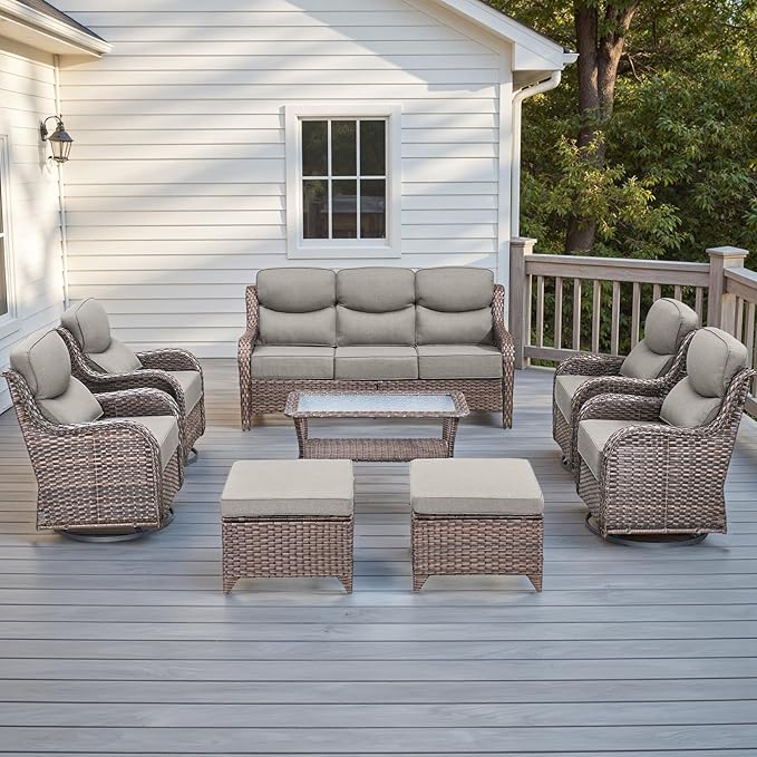 Rilyson Wicker Outdoor Patio Furniture Set - 8 Piece Patio Conversation Sets with Swivel Rocker Chairs, Ottomans, Sofa and Table, 6 inch Cushions, Deep Seating, for Porch Deck Brown/Beige