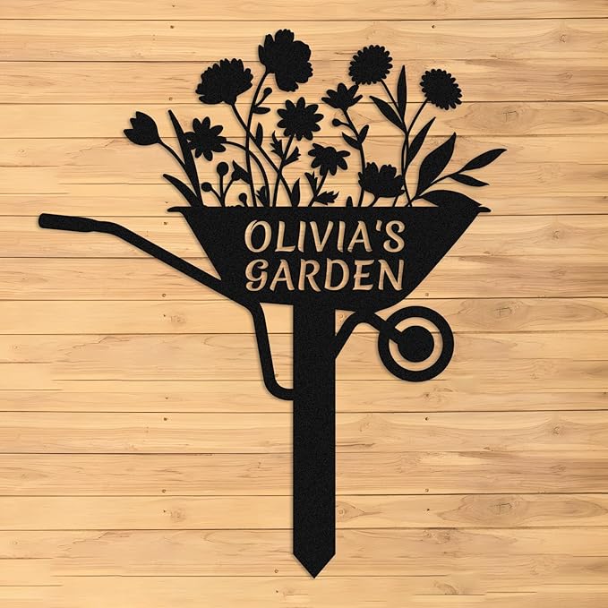 Personalized Metal Flower Garden Sign with Stake,Garden Cart Metal Art,Black Decor for Outdoor,Patio Yard Decor,Gifts for Gardeners style 13