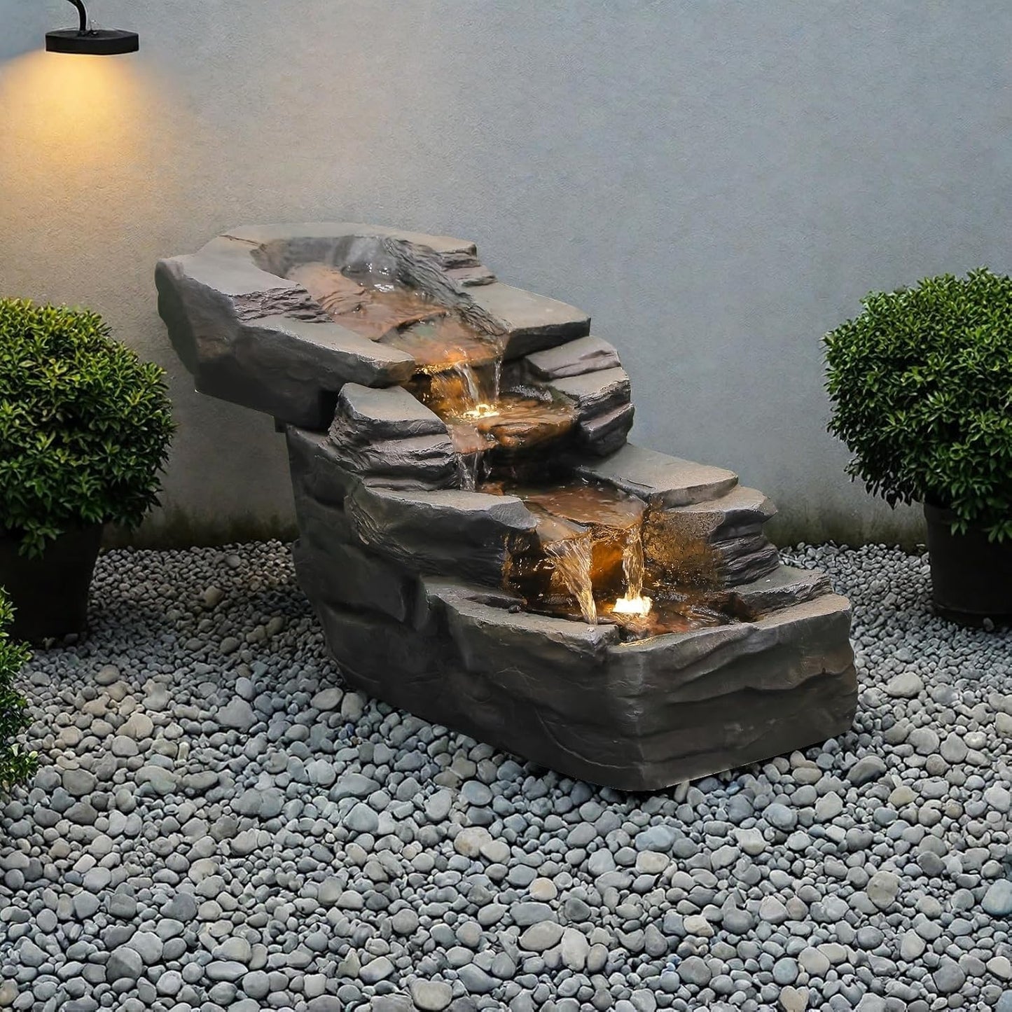 Outdoor Water Fountain 3-Tier Floor Standing Rainforest Rock River Natural Waterfall Fountains with LED Lights for Garden, Patio, Porch, Home Art Decor, 30" L
