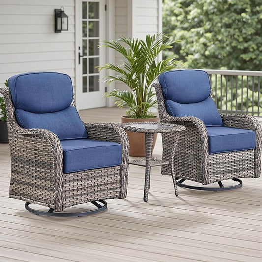 Rilyson Outdoor Patio Swivel Rocker Chairs Set of 2, Waterproof Wicker, High Back, Deep Seating, Wide Armrest, Upgraded 6 inch Thick Cushions, Side Table, Ideal for Deck Porch Yard, Mixed Grey-Blue