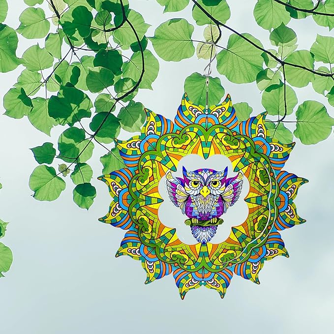 Wind Spinner Colorful Owl 12 inch 3D Stainless Steel Laser Cut Metal Double Sided Printing-Hanging Indoor/Outdoor Decorations Yard Gardening Decor,Metal Kinetic Art Ornament Gifts