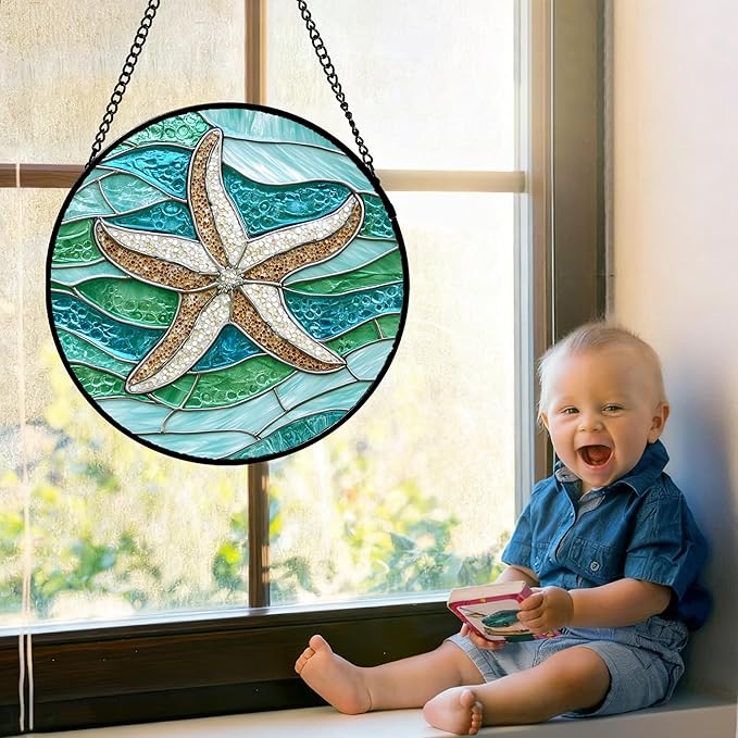 Stained Glass Window Hanging Teal Sea Waves Starfish 9.8" - Suncatcher Door Garden Sun Catcher Home Decor Birthday Mother's Day for Mom Men Woman Parents Her Child Nana