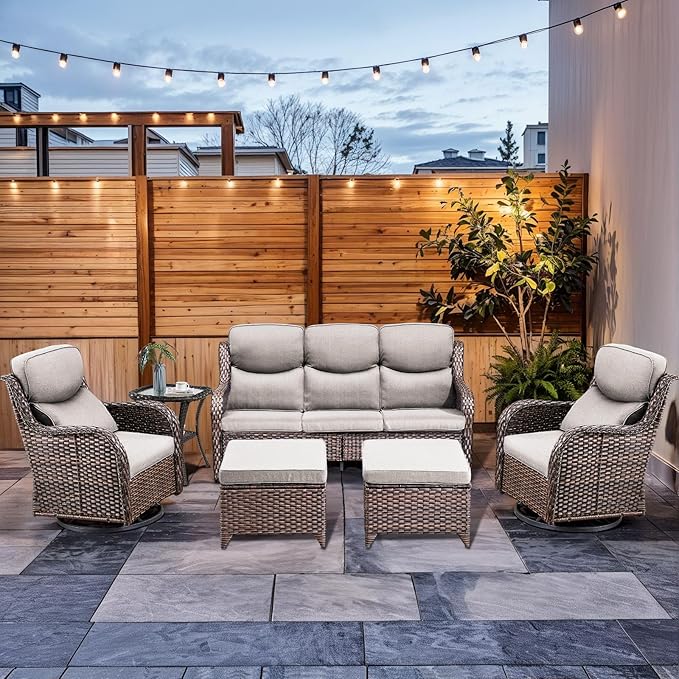 HUMMUH 6-Piece Outdoor Wicker Patio Furniture Set with Swivel Glider Chairs, 3-Seat Sofa & Ottomans 5” Olefin Cushions Ergonomic Neck-Lumbar Backrest All-Weather Rattan for Garden, Deck, Porch