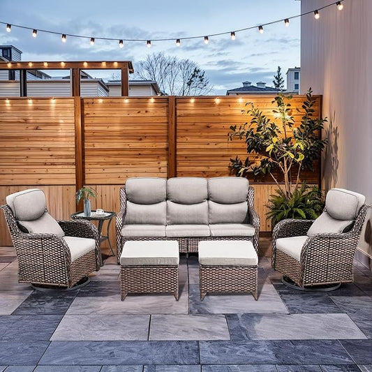 HUMMUH 6-Piece Outdoor Wicker Patio Furniture Set with Swivel Glider Chairs, 3-Seat Sofa & Ottomans 5” Olefin Cushions Ergonomic Neck-Lumbar Backrest All-Weather Rattan for Garden, Deck, Porch