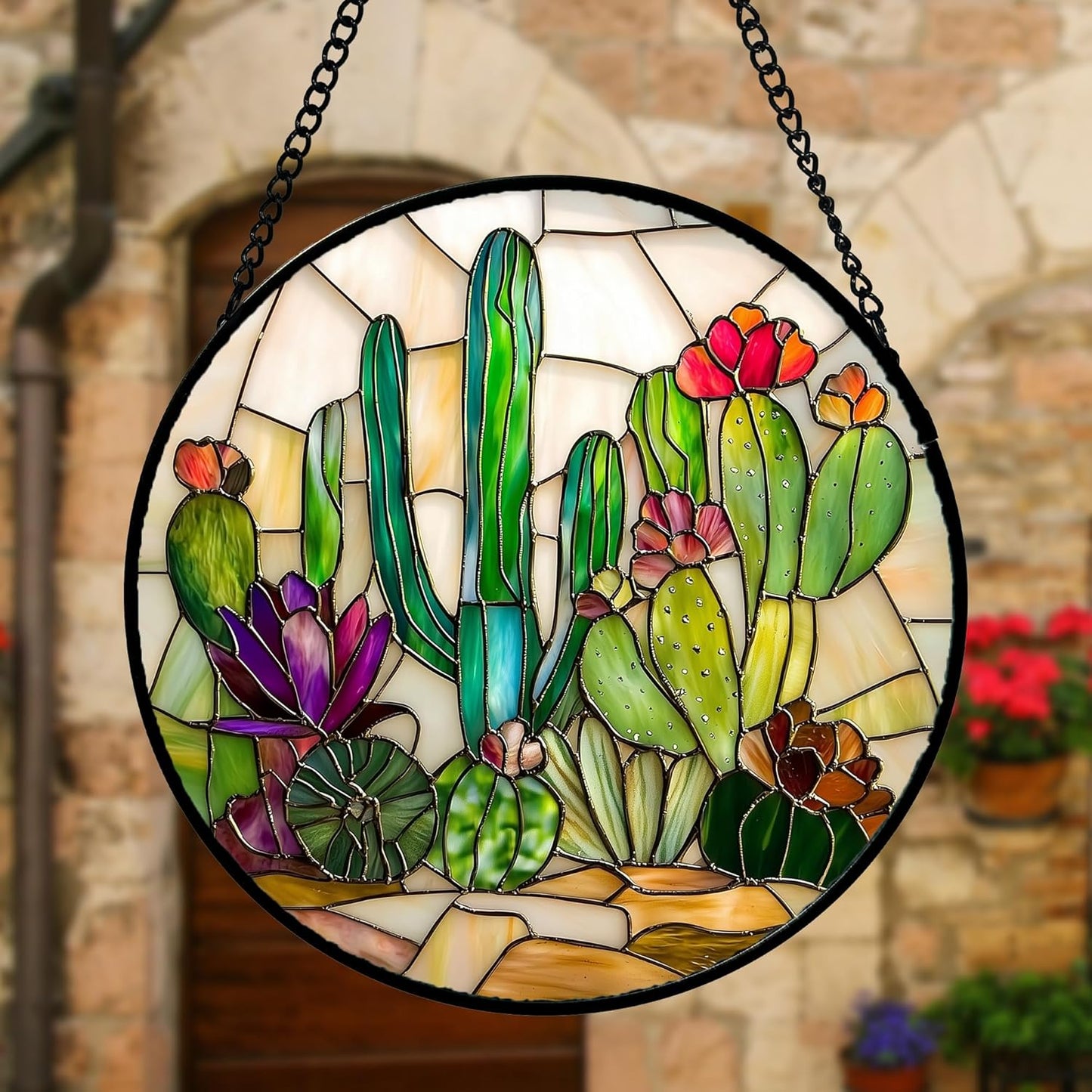 Stained Glass Window Hanging, White Green Cactus Suncatcher Diamond Glass Panel Hangings Sun Catchers Decor for Birthday for Women, Men, Wife, Aunt, and Mom 7.8 in