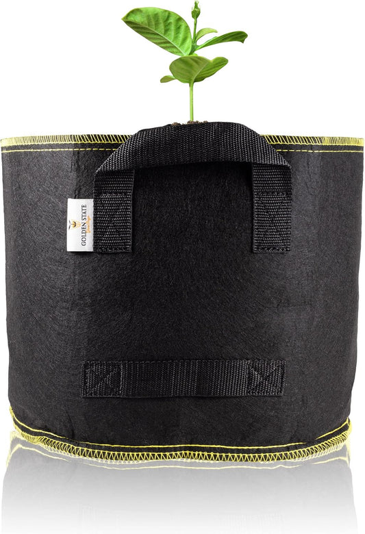 Grow Bags: 5-Pack (Size: 1 Gallon): 300gsm Black Felt Fabric w/Yellow Stitch, Biodegradable and eco-Friendly Material. (Handles + Dumping Handles-pat.Pend).