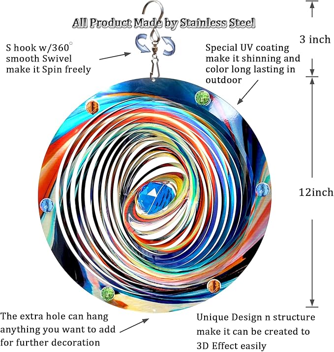 FONMY Mandala Wind Spinner w/Crystal Ball-Blue Plenet 3D Stainless Steel Hanging Spinners Worth Gift Christmas Decoration Indoor/Outdoor Garden Décor Kinetic Yard Art 12 Inches Wind Sculpture