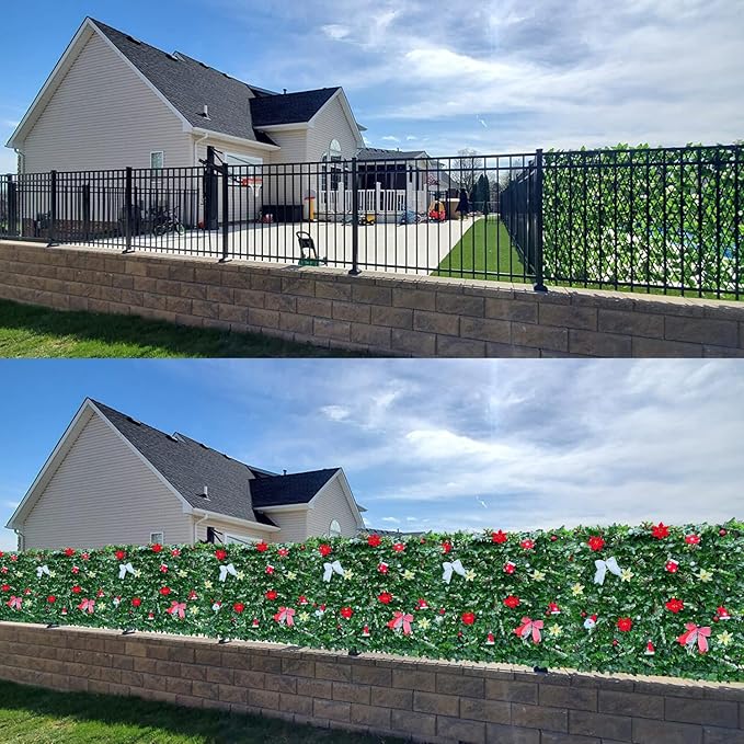 Expandable Fence Privacy Screen for Balcony Patio Outdoor,Decorative Faux Ivy Fencing Panel,Artificial Hedges (Single Sided Leaves) (2, Christmas-Ivy)