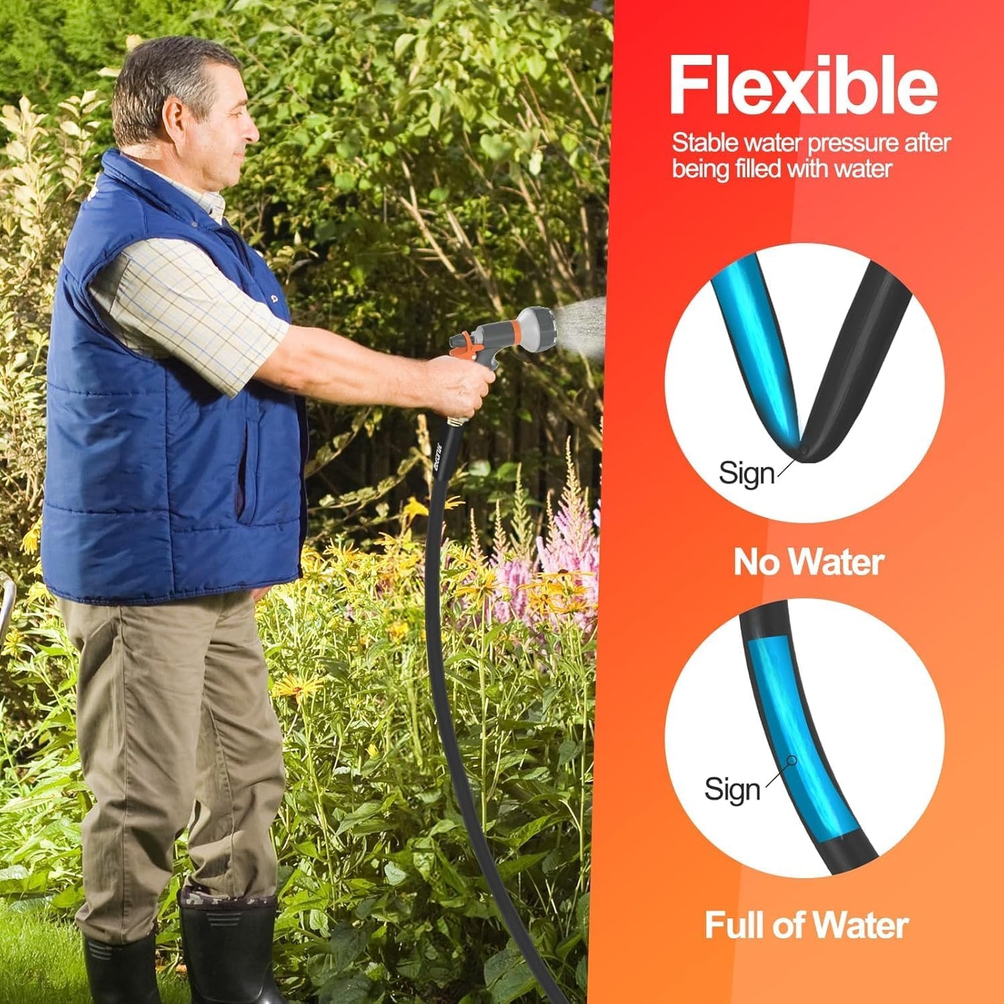 Garden Water Hose 25 ft x 3/4 in Heavy Duty, Flexible and Lightweight, Burst 600 psi, Kink-less Hybrid Rubber Pipe for Backyard, 3/4'' Brass Fittings, Black