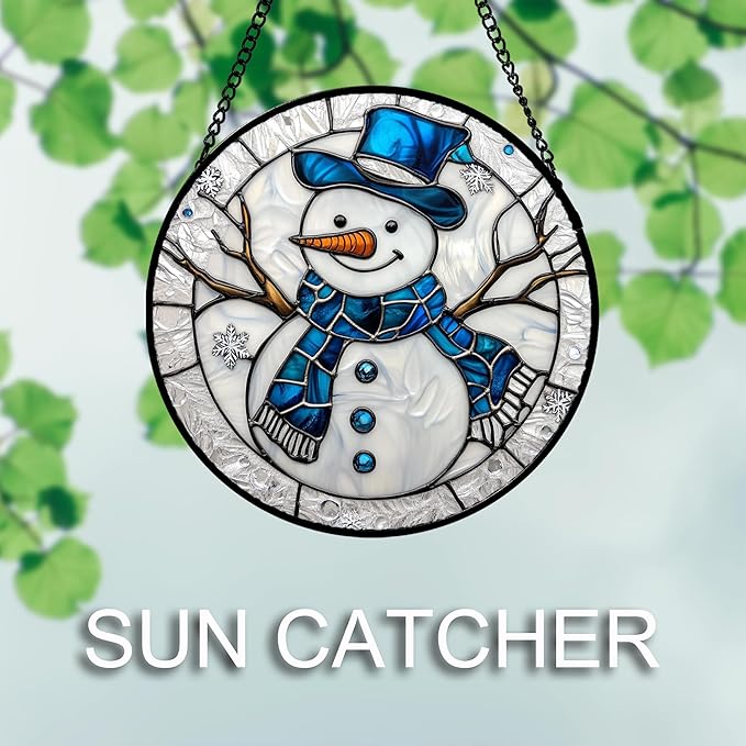 Stained Glass Window Hanging Christmas Snowman Blue White 9.8" - Suncatcher Door Garden Sun Catcher Home Decor Birthday Mother's Day Xmas Gift for Mom Men Woman Her Nana Parents Girl