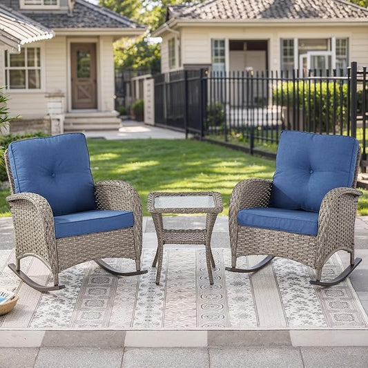 HUMMUH Outdoor Bistro Set-High Back Outdoor Rocking Chair with Side Table Patio Table and Chairs Set for Deck Lawn Porch Balcony Poolside-Grey/Blue