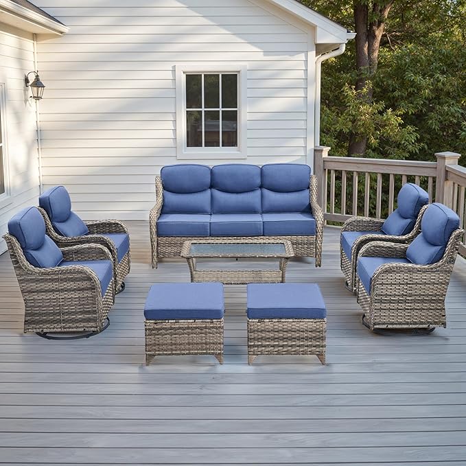 Rilyson Wicker Outdoor Patio Furniture Set - 8 Piece Patio Conversation Sets with Swivel Rocker Chairs, Ottomans, Sofa and Table, 6 inch Cushions, Deep Seating, for Porch Deck Mixed Grey/Blue