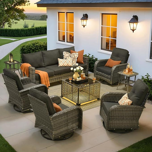 ovios 8 Pieces Patio Furniture Set, Outdoor Wicker Sofa Couch with Rocking Swivel Chairs Solar Lights Table, Modern Deep Seat Rattan Conversation Sets for Porch Deck, Black