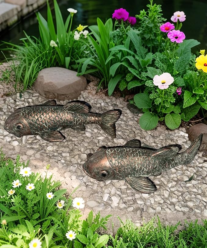 Outdoor Koi Fish Statues 2Pack: Garden Sculpture Ornaments Pond Decor for Yard Lawn Patio Porch Outside Decorative Gifts for Grandma Women Mom